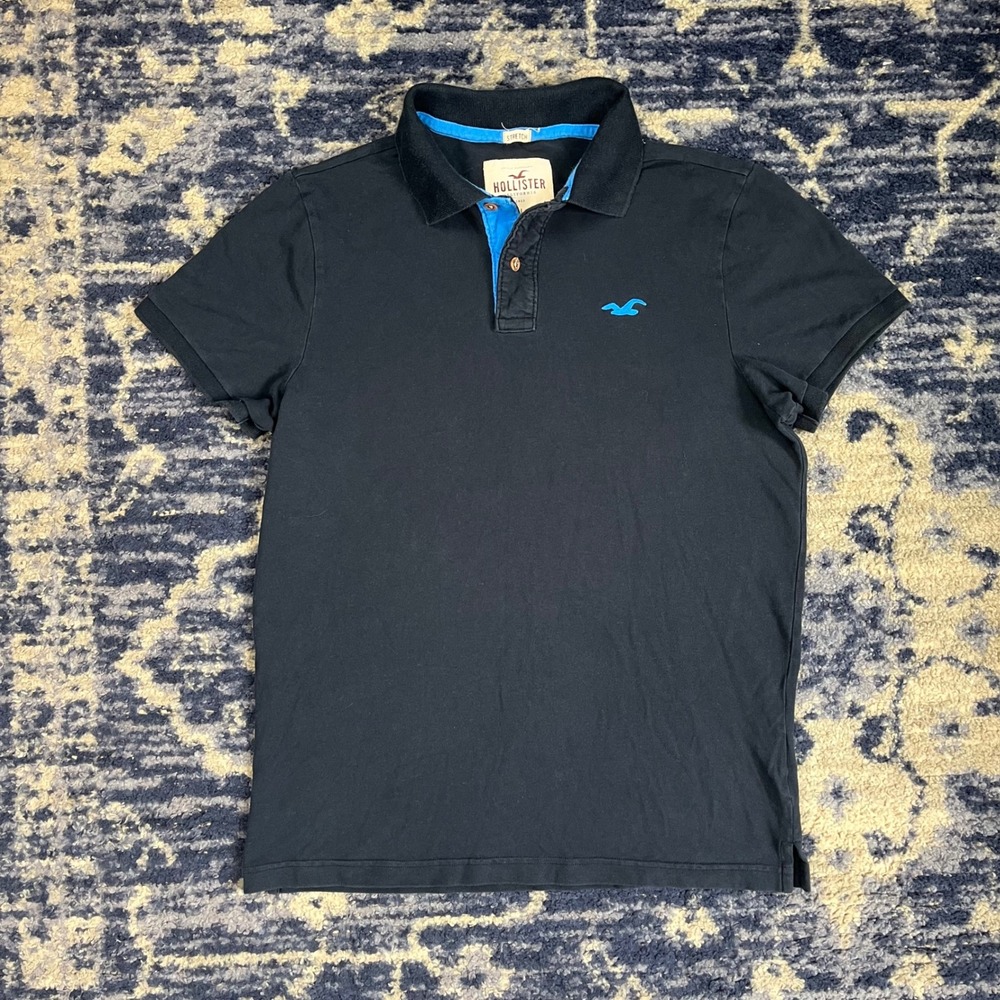Hollister Mens Stretch Polo Shirt Black Blue Logo Short Sleeve Large SU-309